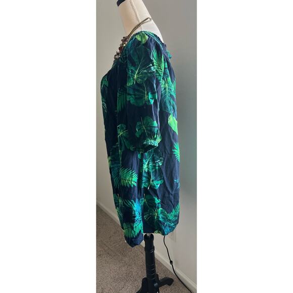 Old Navy 3/4 Sleeve Tropical Blue Green Ruffle Elastic Off Shoulder Dress Sz XL - Picture 3 of 8